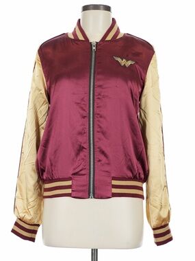 Wonder Woman Luxe Satin Bomber Jacket Burgundy Gold Embroidered Logo Medium